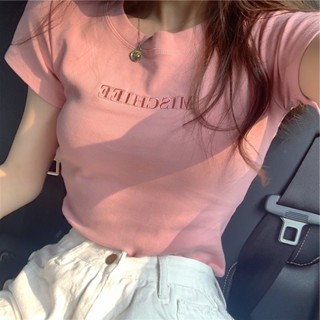Carta Bordadada Top 2023 Summer New Style Slim-Fit Bottoming Versão Coreana Feminina De Manga Curta