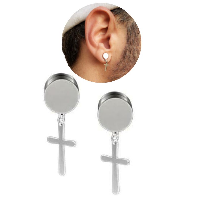 Brinco Pressão 8mm Falso Alargador Magnético Ímã Prata Cruz Aço Inox PAR Masculino Feminino