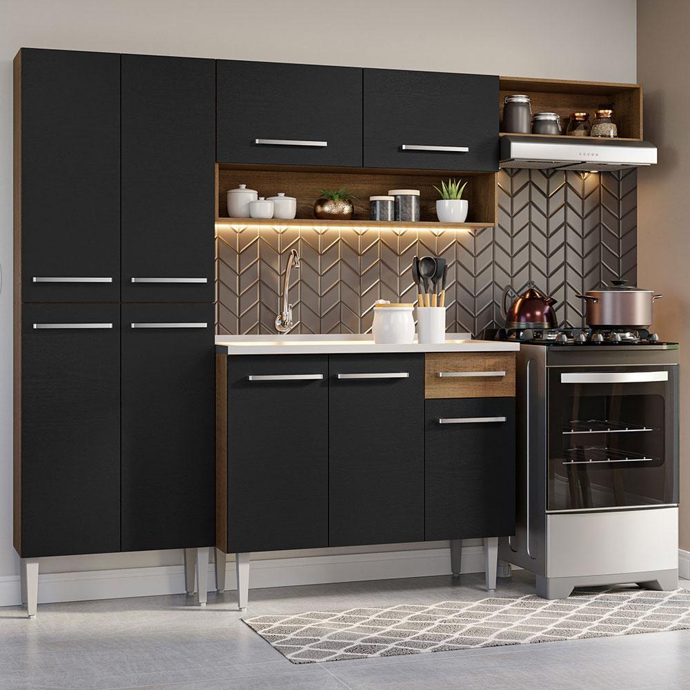 Armário de Cozinha Compacta 229cm com Pia Rustic/Preto Emilly Madesa 12 - Home & Living