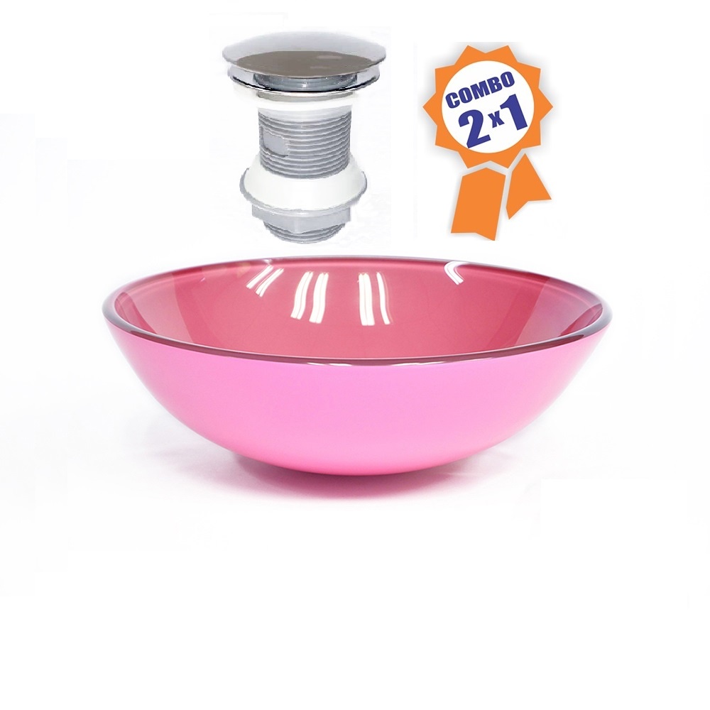 CUBA DE VIDRO REDONDA 31CM ROSA + VÁLVULA CLICK