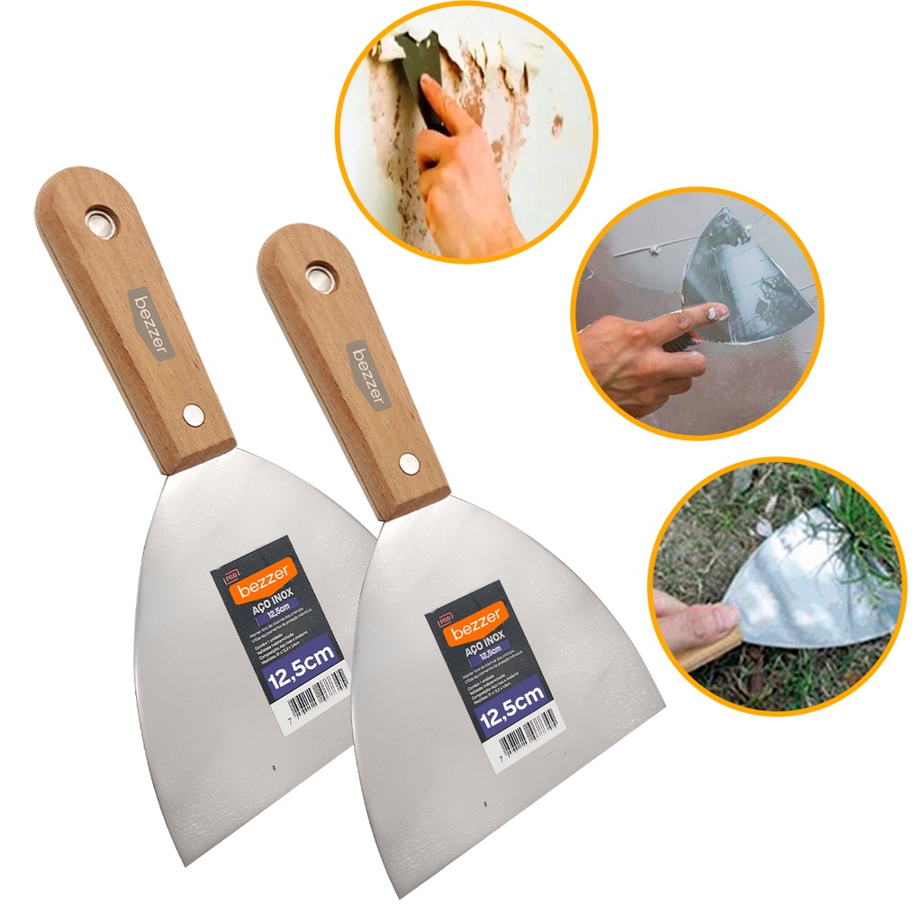 Kit 2 Espátula Inox 12,5cm Cabo Madeira Gesso Massa Obra Pintura Cimento Queimado DryWall Textura Grafiato Raspagem Obra