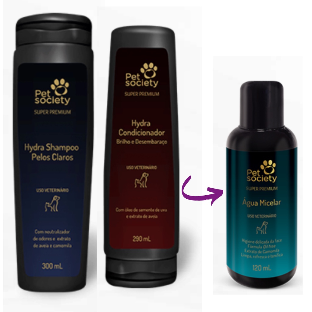 1 Sh Pelos Claros 1 Condicionador 1 Água Micelar Pet Society Cães e Gatos em Oferta na Shopee