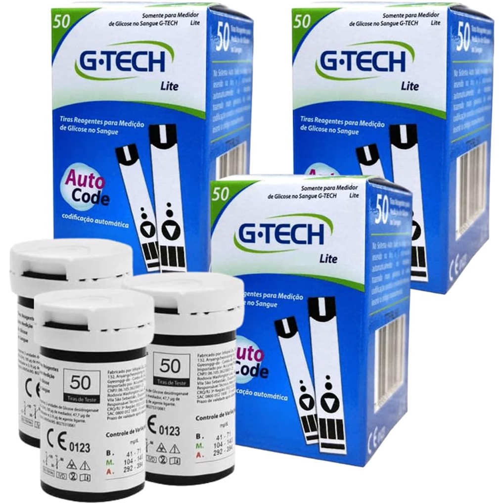 Kit 150 Tiras Gtech Lite Glicemia Fita Teste Glicose Diabete