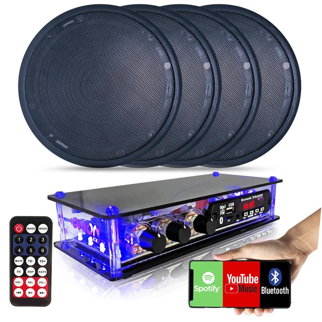 Kit Som Ambiente 4 Arandelas Pretas 6'' C/ Receiver Bt