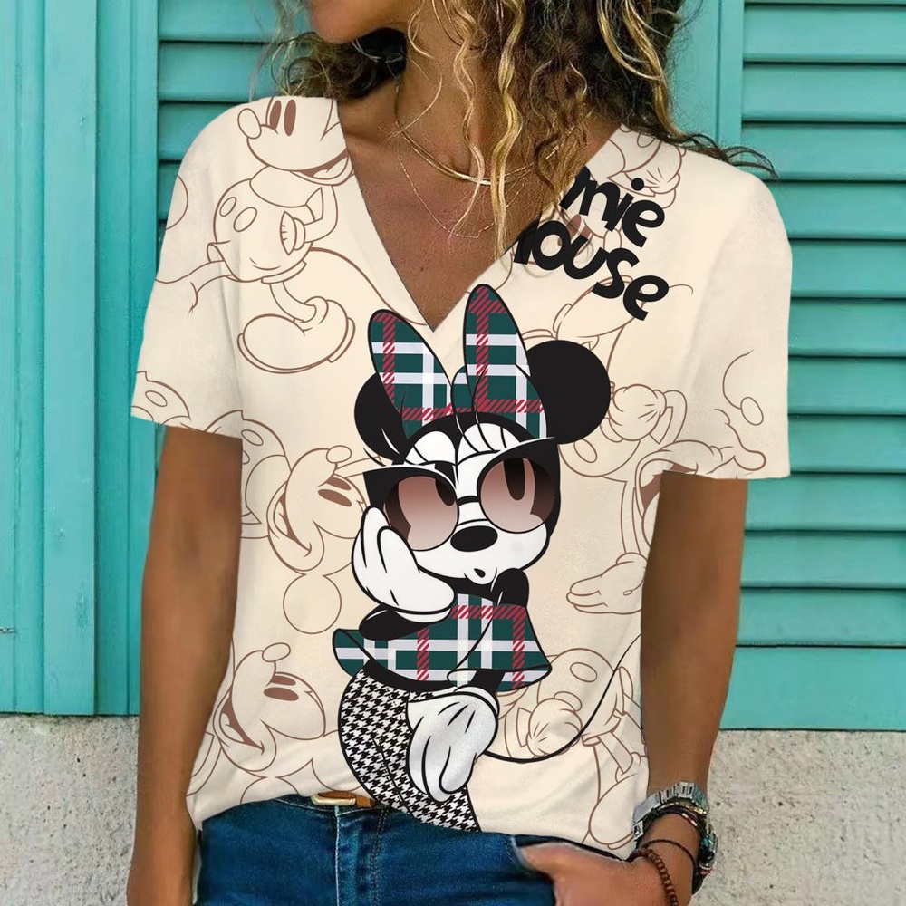 Camiseta Summer Disney Feminina Manga Curta V-Neck Minnie Mickey Mouse Print Tops Loose Ladies Tee em Oferta na Shopee