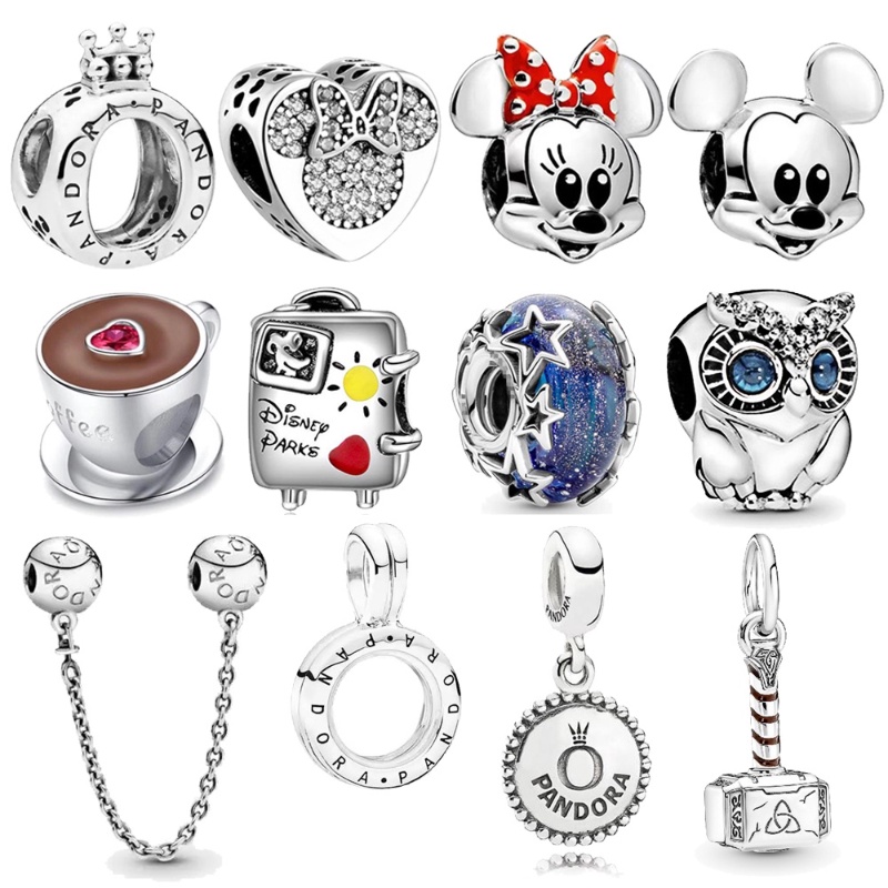 Berloque Pingente Minnie Mickey Mouse pan 925 Prata Clássico Logotipo de Café Charme