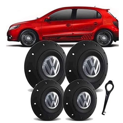 Jogo de Calota Centro Roda Ferro VW Amarok Aro 13 14 15 4 Furos Preta + Chave e adesivo