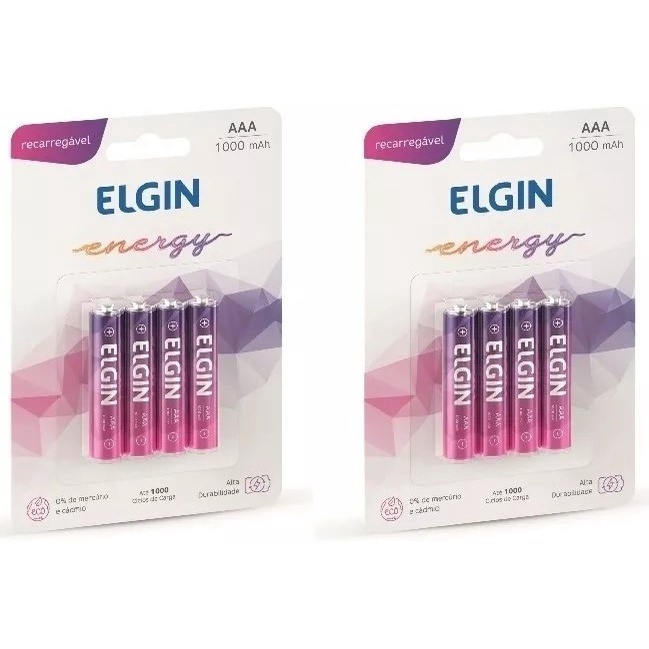 08 Pilhas Recarregável Elgin Aaa 1000mah 02 Blister C/4 Unid