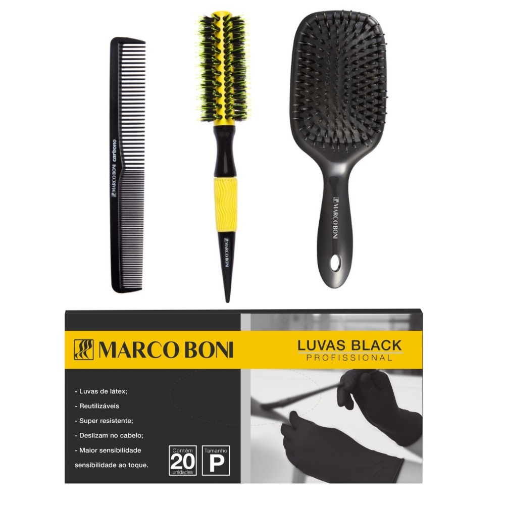 KIT CABELEIREIRO PENTE ESCOVA 20UN LUVA P BLACK MARCO BONI