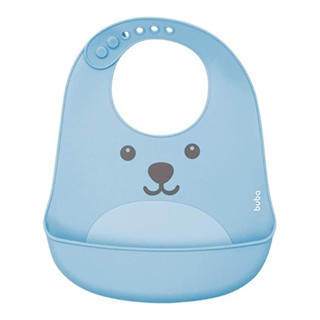 Babador De Silicone Com Bolso Pega Migalhas Gumy Azul Botão Ajustável Ideal Para Refeições Do Bebê