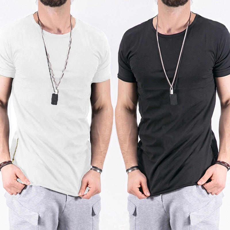 Camiseta Masculina De Linha Longa Estilo Hip Pop Tops Moda Swag Casual Curva Bainha Lateral Com Zíper Manga Curta Roupas