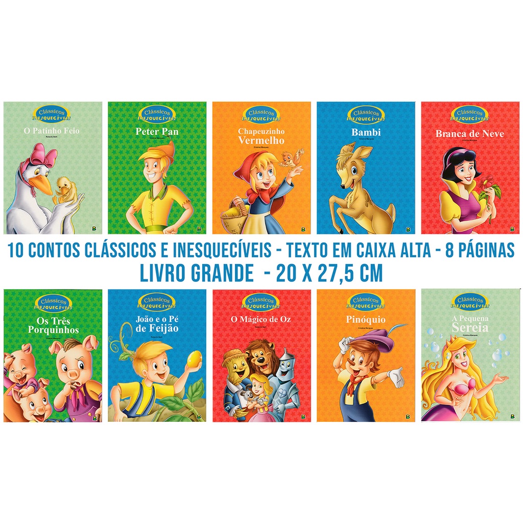 Kit 10 Clássicos Inesquecíveis- Pequena Sereia - Bambi - Branca de Neve - Chapeuzinho Vermelho - Joã