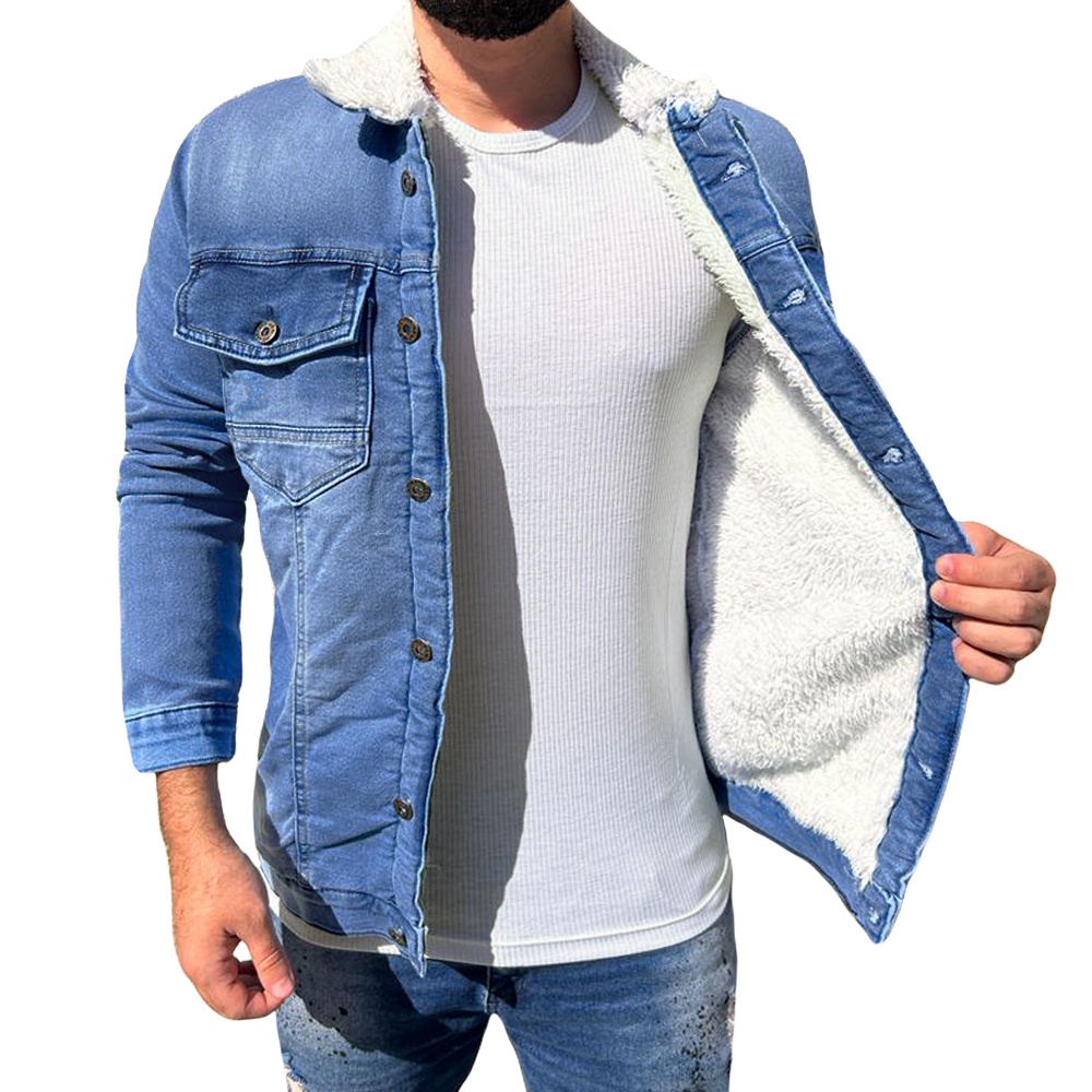 Jaqueta Jeans Slim Fit Forrada Com Pelo Gola Pelinho Premium Jaqueta Masculina Jeans Forro Peluciado