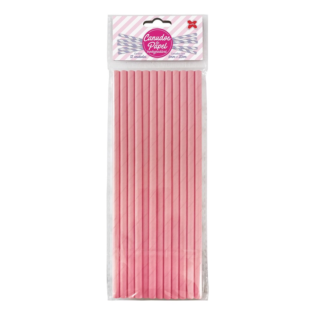 Canudo de Papel Rosa 6mmx200mm - 4323 - 12 unidades