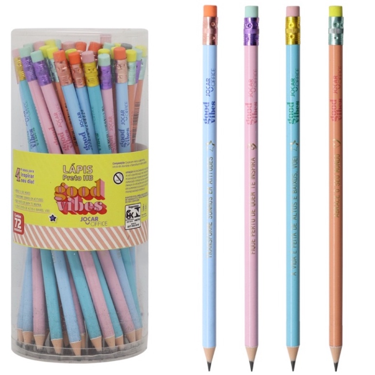 Kit 6 Lápis de Escrever Preto Escolar Good Vibes HB com Borracha Leo&Leo