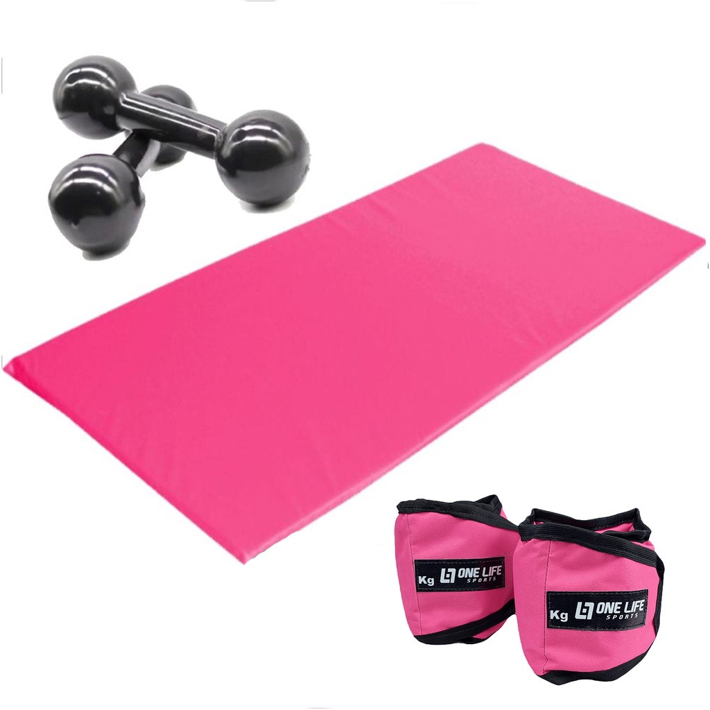 Kit Treino Musculação Em Casa - Par Caneleira Rosa 2 Kg + Colchonete Pink + Par Halter 2 Kg Treinamento Funcional Cross