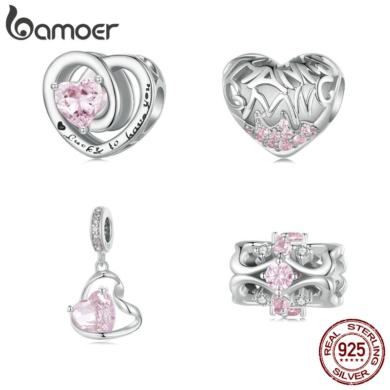 Bamoer 925 Sterling Silver Charms E Pingente Pink Heart-shape DIY Para Presente em Oferta na Shopee