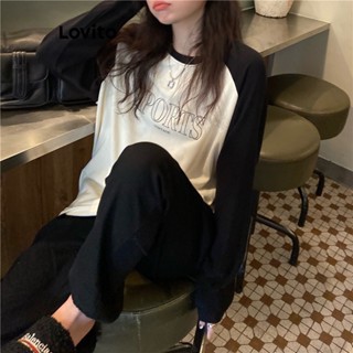 Lovito Casual Conjuntos de Pijama Raglan com Letras e Blocos de Cores para Mulheres LNA18009 (Preto e Branco)