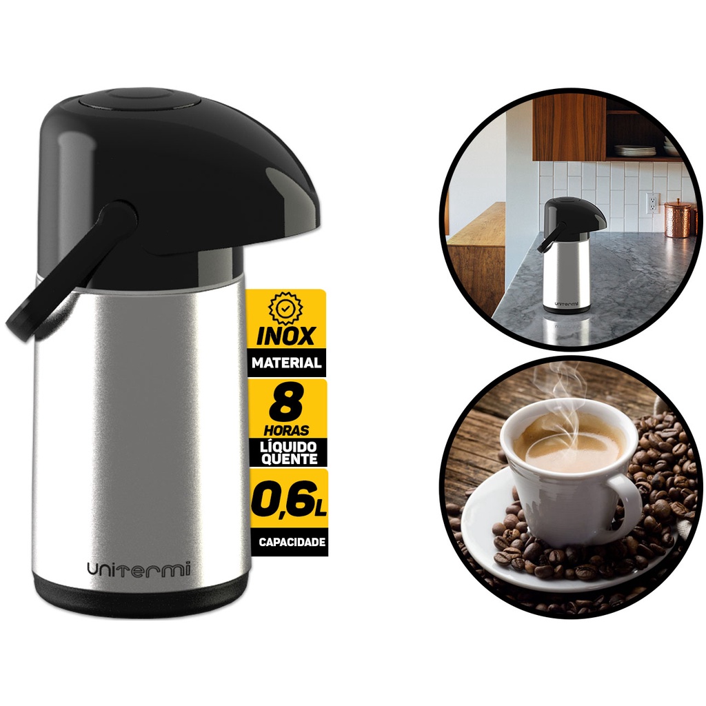 Garrafa Térmica Para Café Pequena Verona Pressão 600ml Inox Unitermi Chá Leite Água Quente Fria em Oferta na Shopee