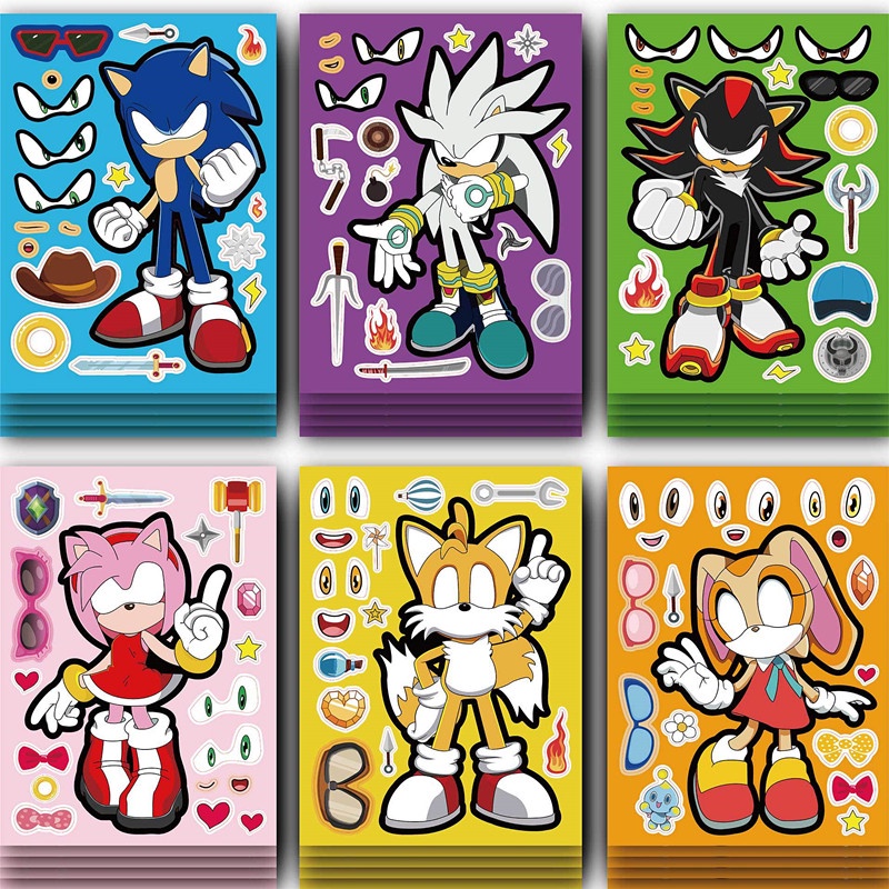 12 Unidades/Conjunto Sonic The Hedgehog Faça Seu Próprio Rosto DIY Quebra-Cabeça Adesivo Decoração De Festa