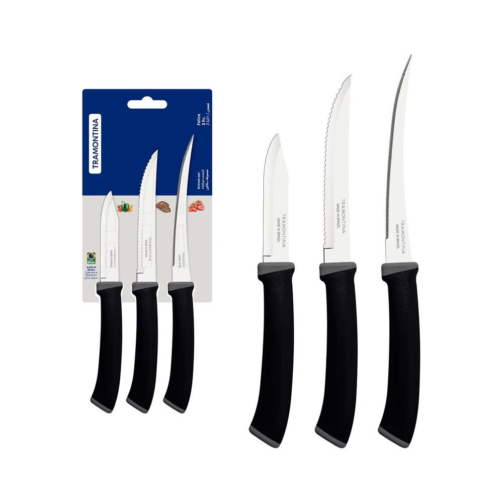 Jogo de Facas Felice em Inox e Cabos em Polipropileno Preto 3 Peças - Tramontina em Oferta na Shopee