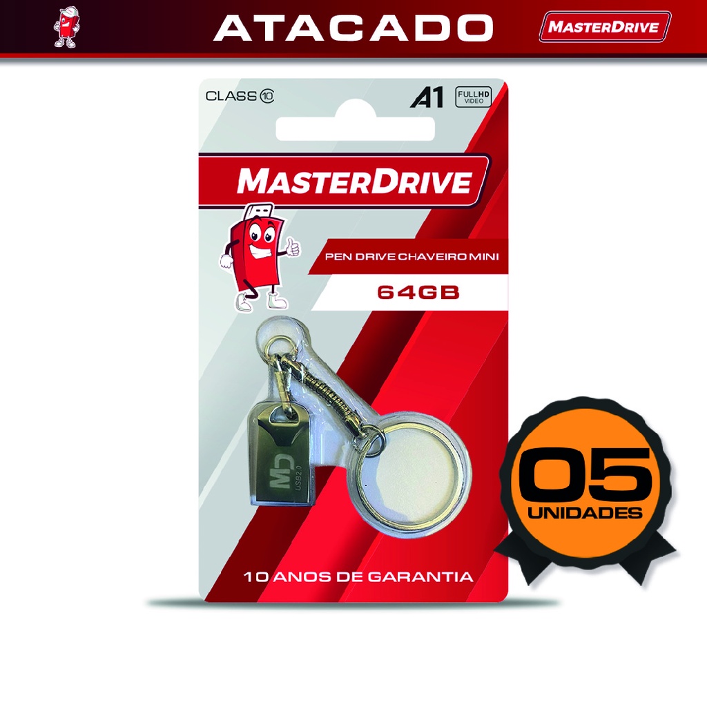 Kit 5 Mini Pendrive 64GB Chaveiro MasterDrive Premium Pen Drive 64GB Nano Fit Ultra Rápido a Prova D'Agua