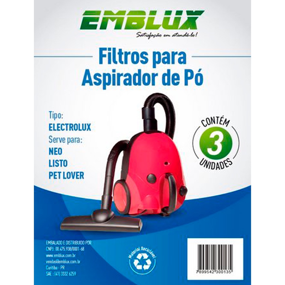 Kit 03 Filtros para Aspirador de Pó Electrolux Neo Listo Pet Lover