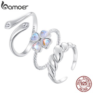 Bamoer 925 Silver Sterling Moonlight Trevo De Quatro Folhas E Amor Jóias De Moda Com Anel Aberto Ajustável Para Mulheres