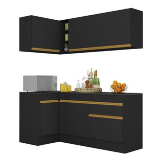 Cozinha Compacta de Canto com Rodapé Veneza Multimóveis MP2092 com Armário e Balcão Preta