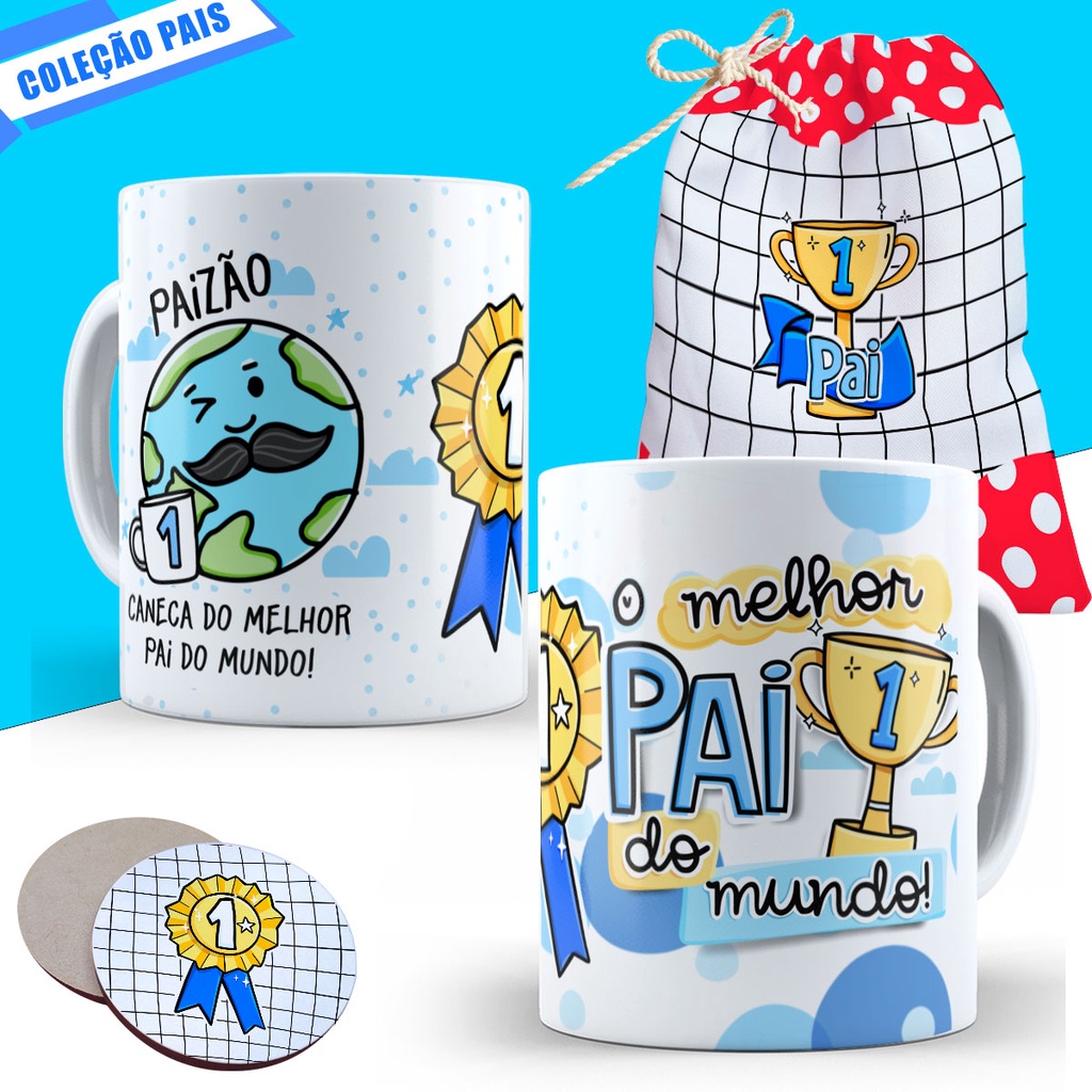 Caneca Dia dos Pais Presente Lembrancinha Pai Padrasto Avô Avo Personalizado Cesta Porta Copo e Saquinho