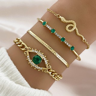 Nova Moda Pulseiras De Cristal Verde Coração De Olho Para Mulheres Corrente De Cobra Vintage Gold Color Bracelet Set Jewelry Accessories