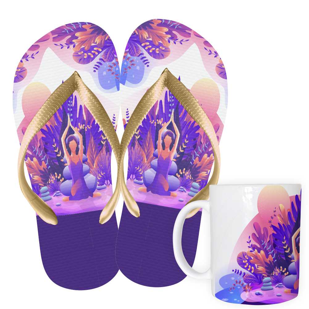 Kit Chinelo e Caneca 325ml Meditação mindfullness Yoga Lilás