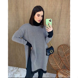 Poncho Xadrez Tricot Fenda Lateral Gola Alta