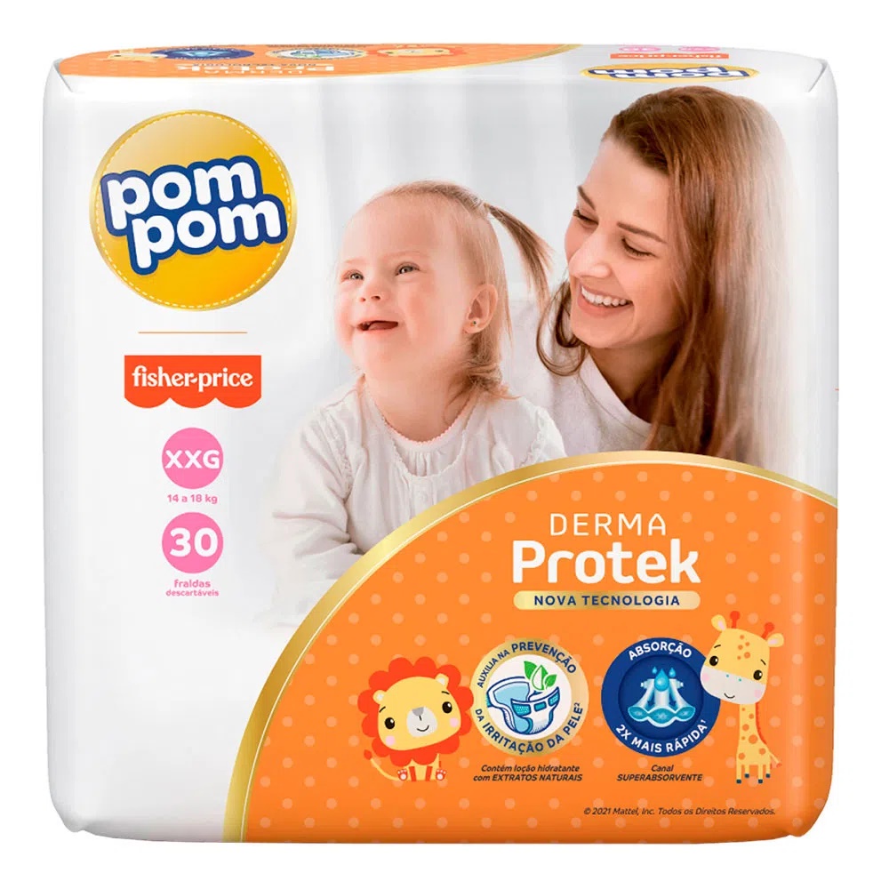 FRALDA DERMA PROTEK MEGA PACOTE COM 30 UNIDADES - TAM XXG - POM POM