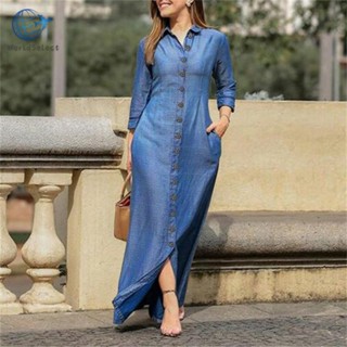 Vestido longo jeans feminino manga longa lapela cor sólida