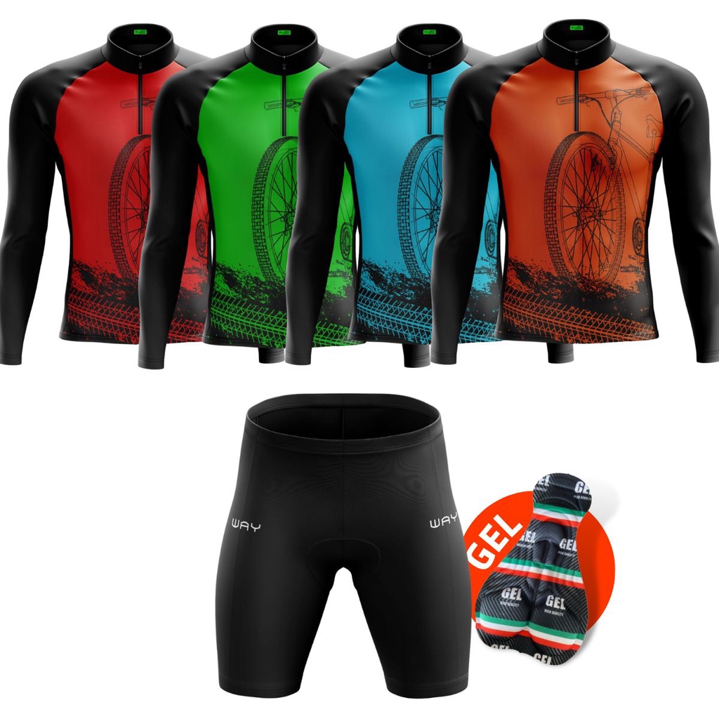Conjunto Ciclismo Masculino Camisa Proteção UV+ Bike Manga Longa Bermuda Gel Confortável Pedalar