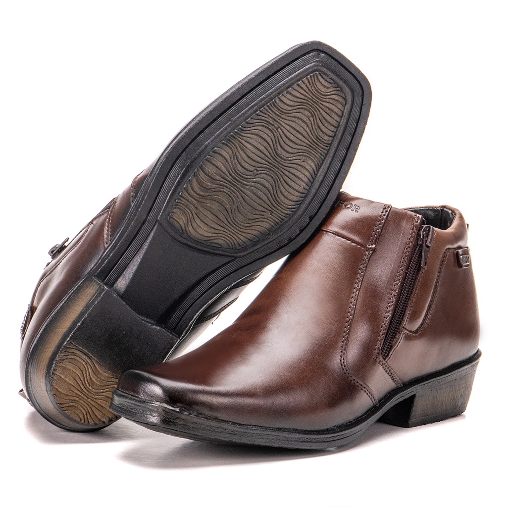 Bota Masculina De Couro Social Country Macia Com Zíper Salto