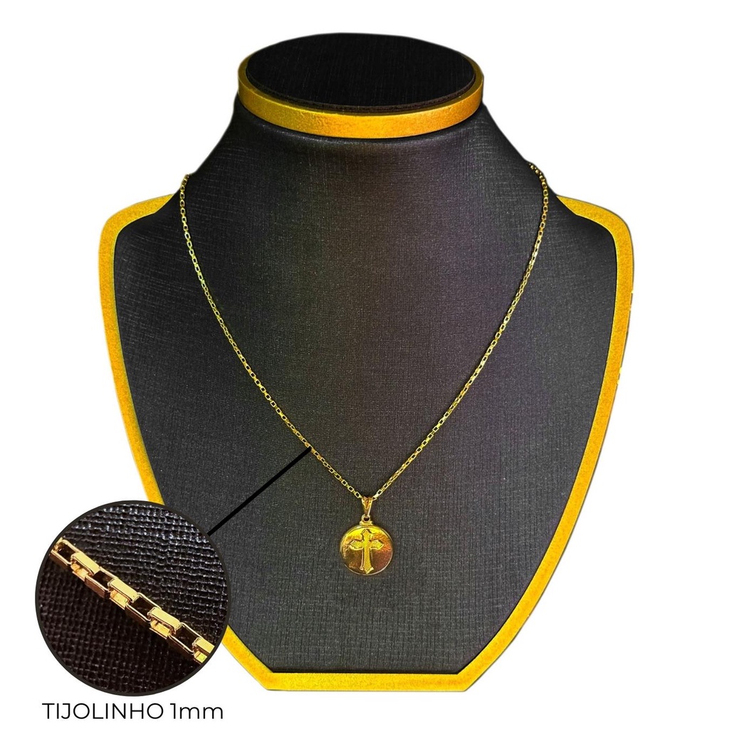 Corrente Tijolinho 1mm + Pingente Medalhão com Cruz