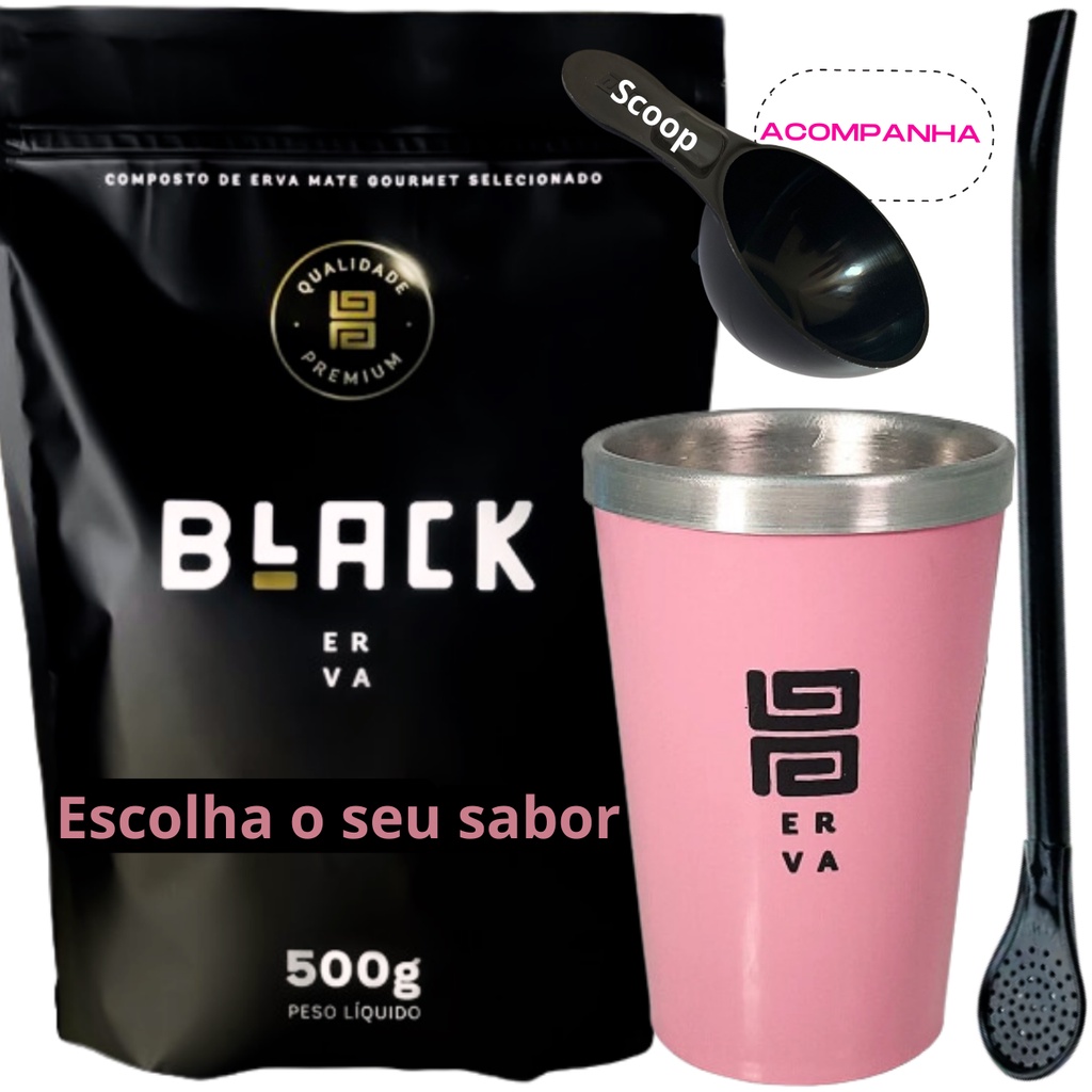 Kit Tereré Black Erva Mate 500g + Copo Alumínio Térmico ROSA + Bomba Clássica Preta Acompanha Scoop