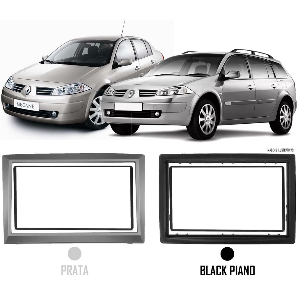 Moldura De Painel 2 Din Renault Megane e Megane Grand Tour 2007 até 2012 PRATA ou BLACK PIANO