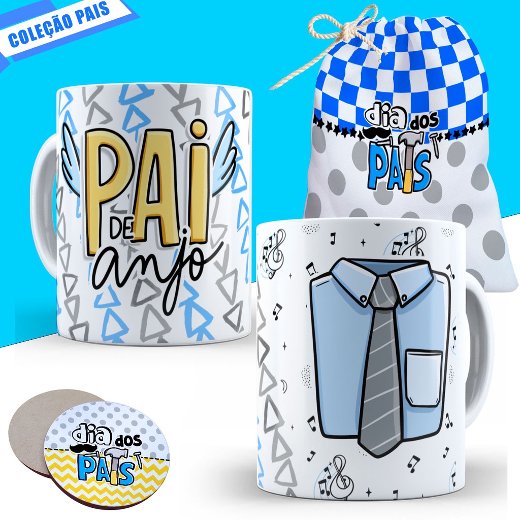 Caneca Dia dos Pais Presente Lembrancinha Personalizado Pai Padrasto Avô Avo Porcelana Cesta Porta Copo e Saquinho 1287