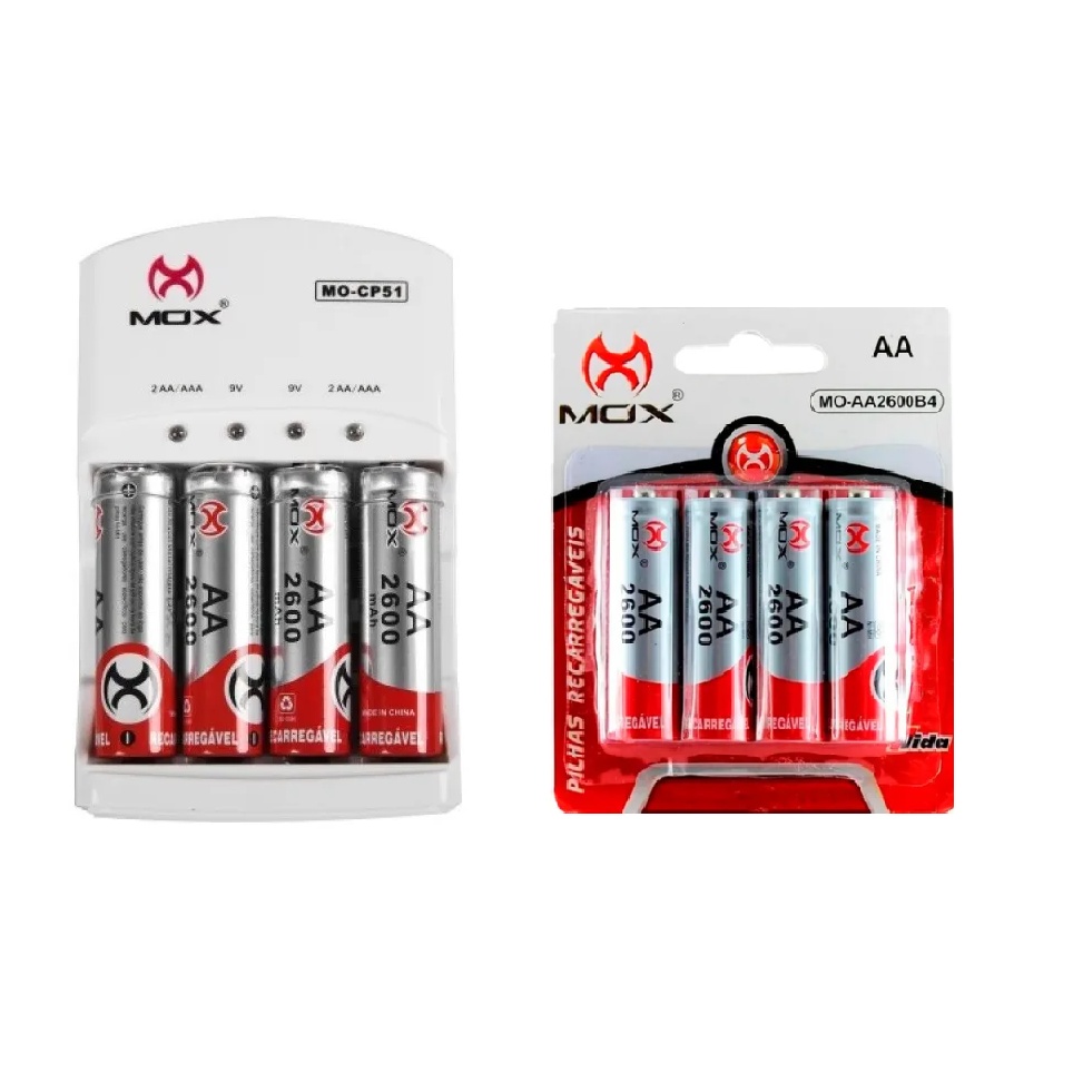 Carregador De Pilha AA/AAA Mox Com 8 Pilhas AA Recarregáveis 2600 mah