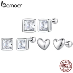BAMOER 925 Prata Sterling Mini Square Zirconia Stud E Brincos De Cavilha Coração Jóias De Moda Para Presentes Femininos