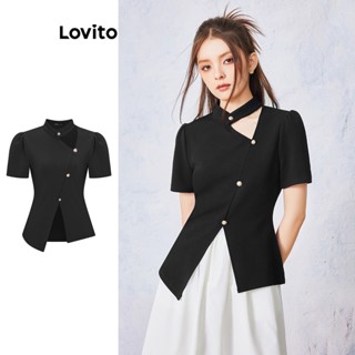 Lovito Blusa Assimétrica com Recortes Lisa e Casual para Mulheres L55AD019 (Preto)