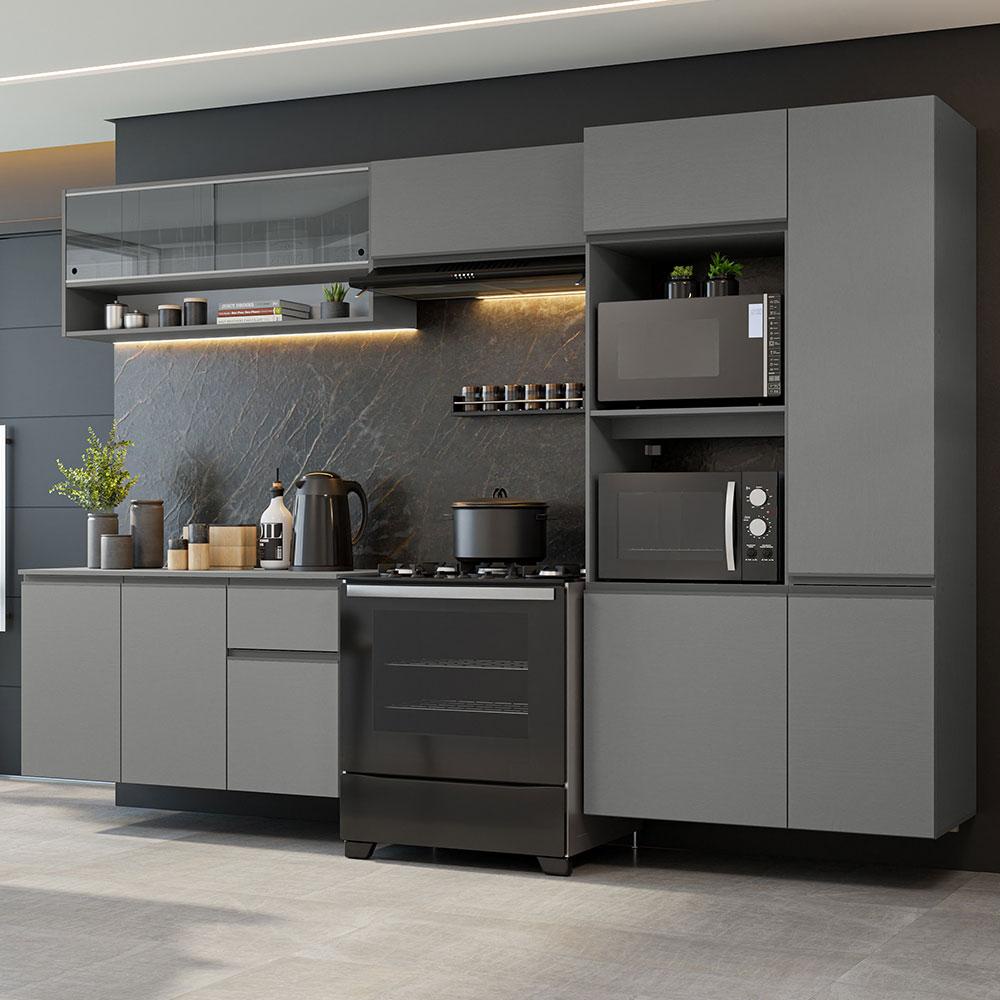 Armário de Cozinha Completa Suspenso 300cm Cinza Nice Madesa 07 - Home & Living