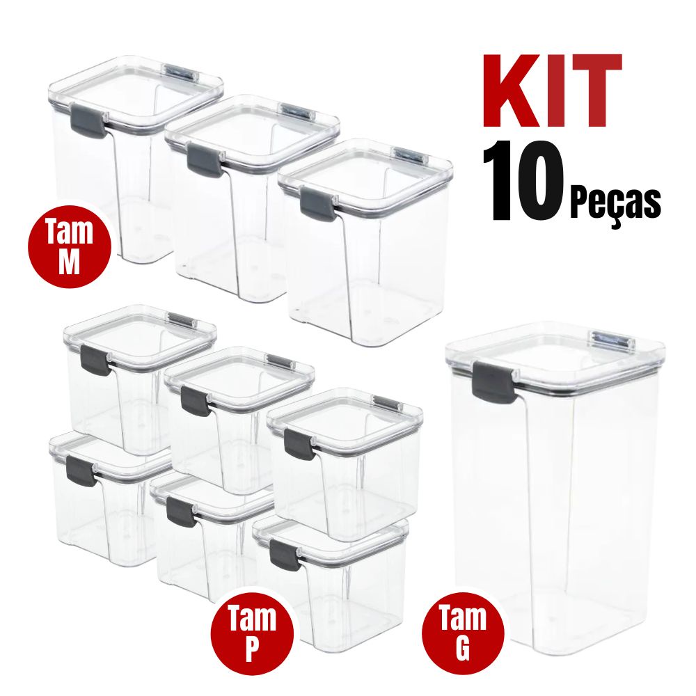 KIt 10 Potes Hermético Com Travas Acrílico Transparente 6P-3M-1G Porta Mantimentos Empilhável