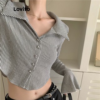 Lovito Casual Blusa Feminina Listrada com Botão e Babados LNA11138 (Preta e Branca)