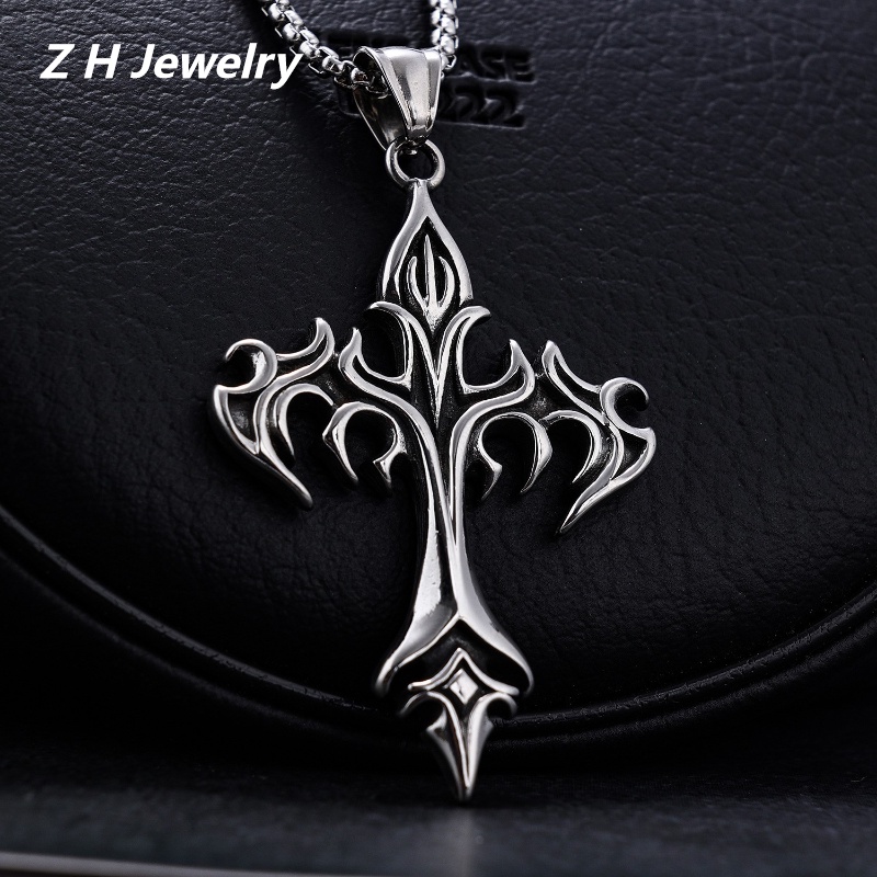 [Z H Jewelry] Vintage Punk Dragon Flame Cross Pendant Moda Masculina E Feminina Colar De Aço Inoxidável Hip Hop Party Acessórios