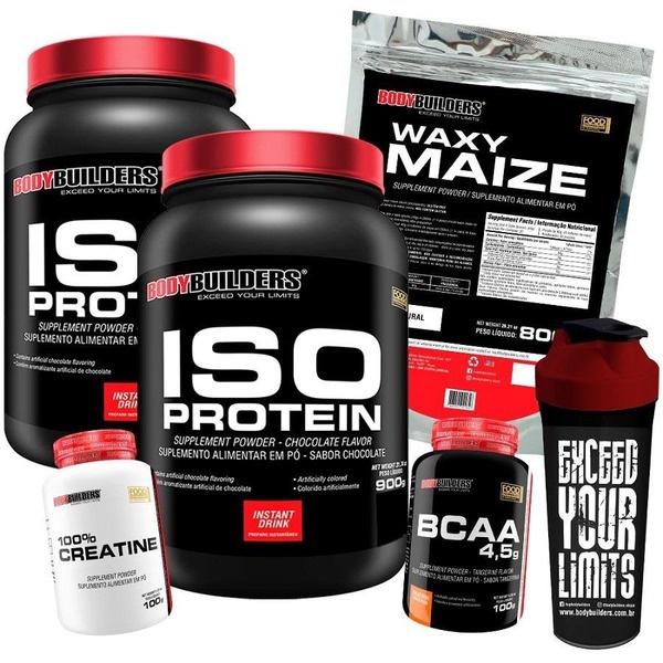 Kit 2x Iso Whey Protein 900g + BCAA 100g + Creatina 100g + Waxy Maize + Coqueteleira - BodyBuilders