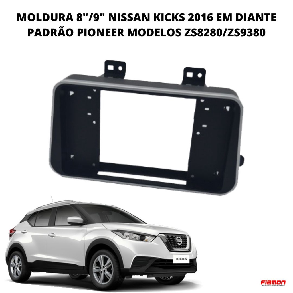 Moldura 2 Din Fiamon Nissan Kicks 2016 diante  8" e 9" Pioneer ZS8280/ZS9380 Preto Fosco Friso Prata